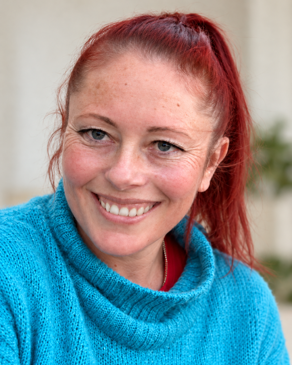 Danielle smiling, wearing a turquoise jumper.