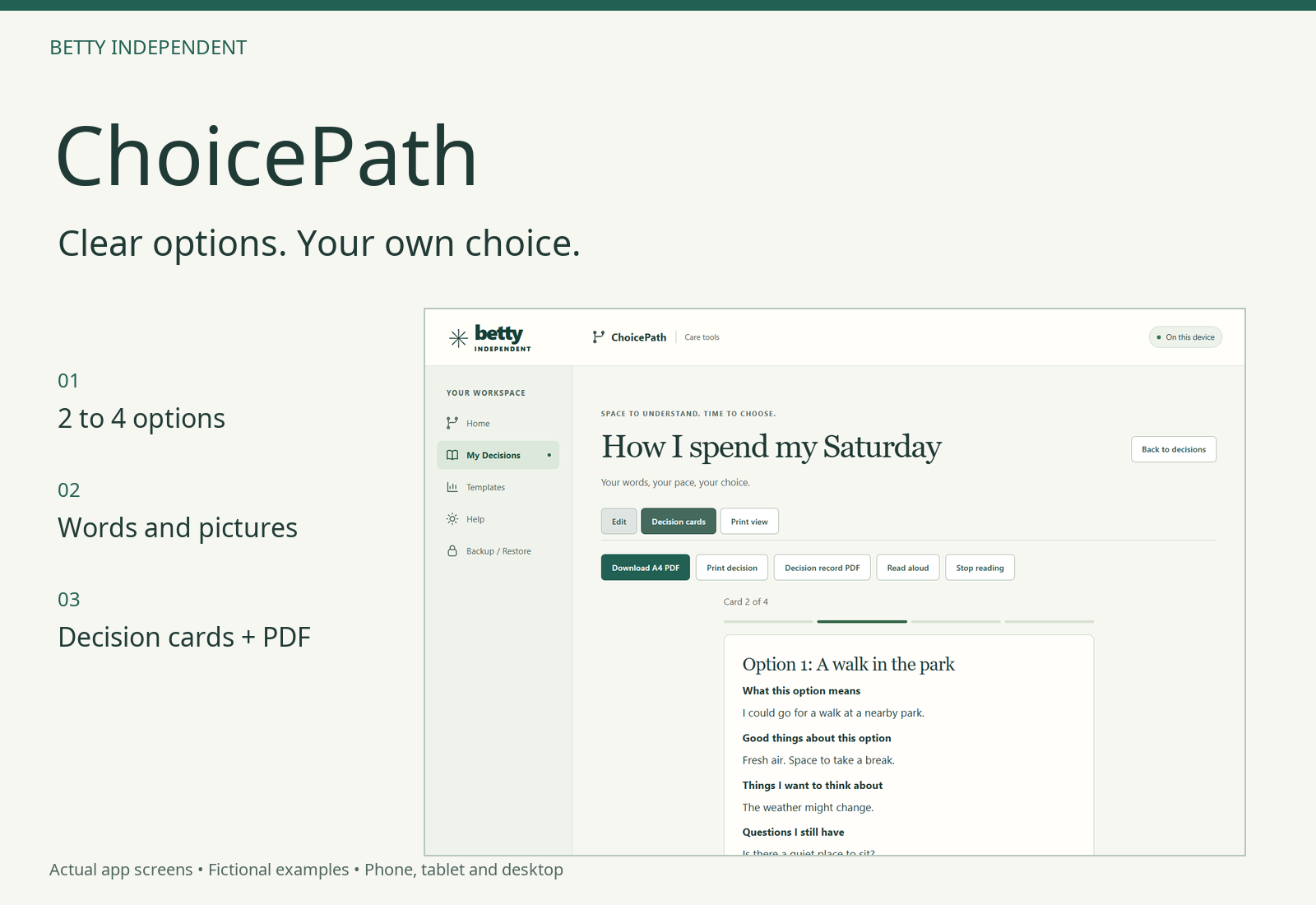 ChoicePath cover with an actual app screen and fictional examples.