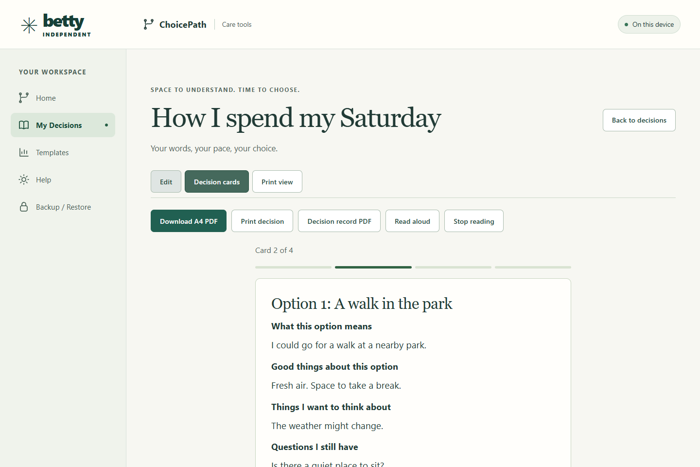 ChoicePath presents one option with questions and things to think about.