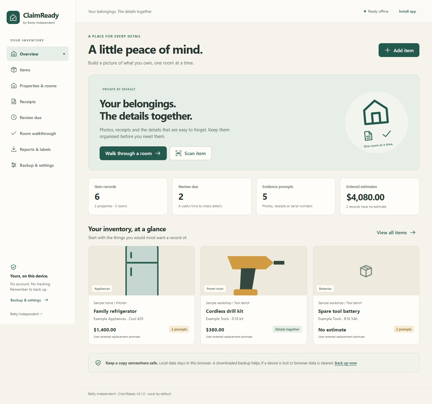 ClaimReady dashboard showing fictional household inventory records and evidence prompts.
