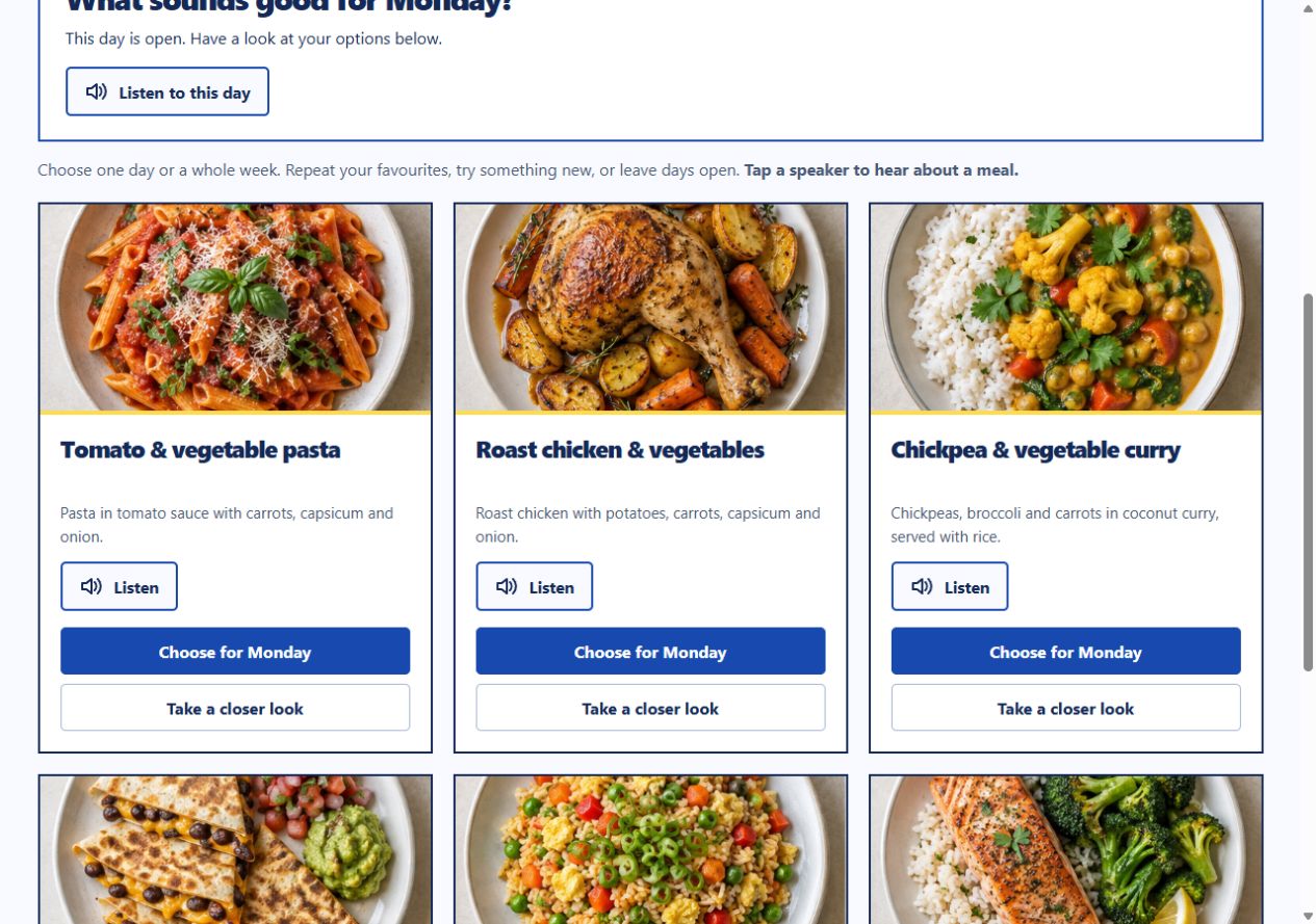 Actual meal cards with pictures, descriptions, Listen buttons and a choice for Monday.