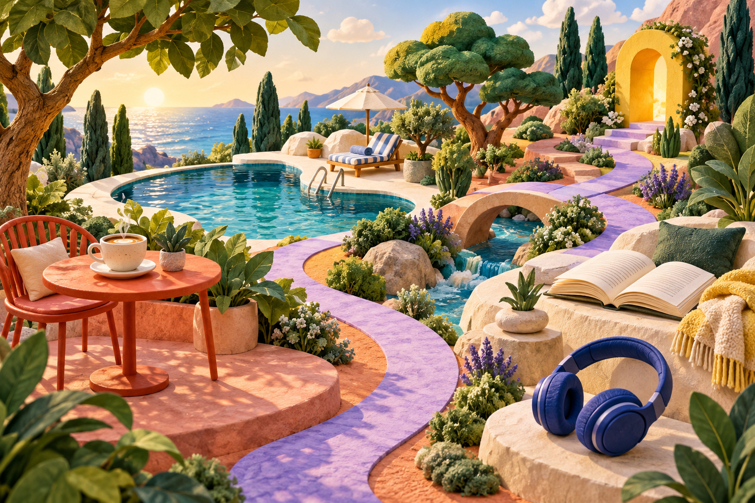 A colourful imagined landscape with a winding path between everyday activities.
