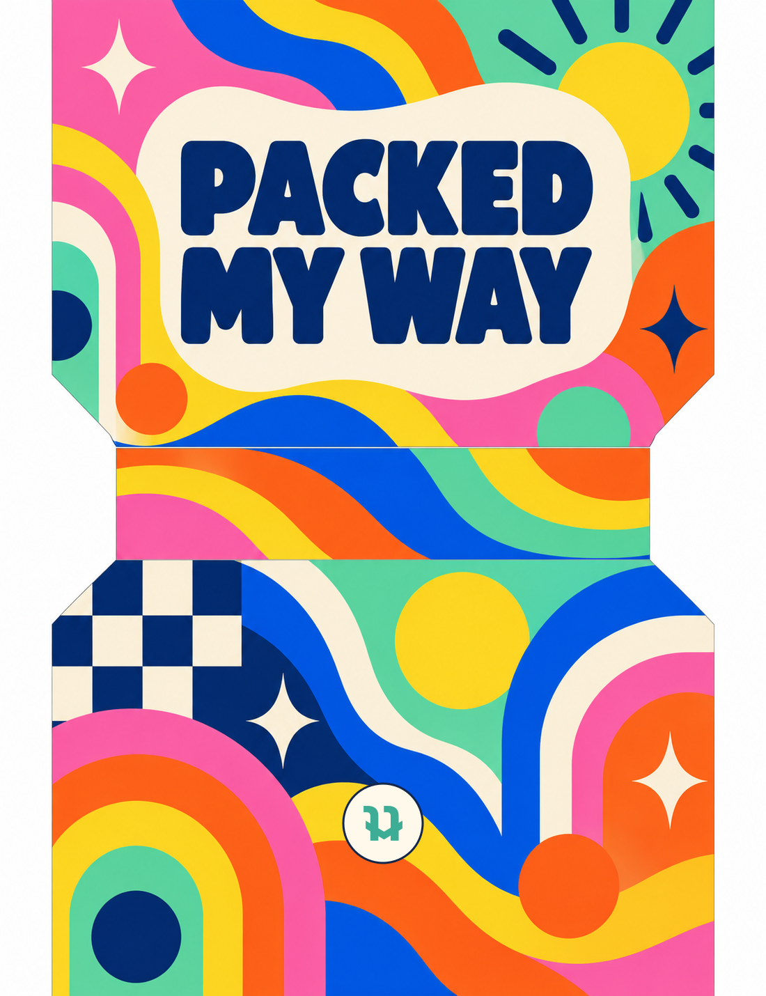 Flat print artwork for the Packed My Way pouch, showing the worded front panel and coordinated text-free back panel.