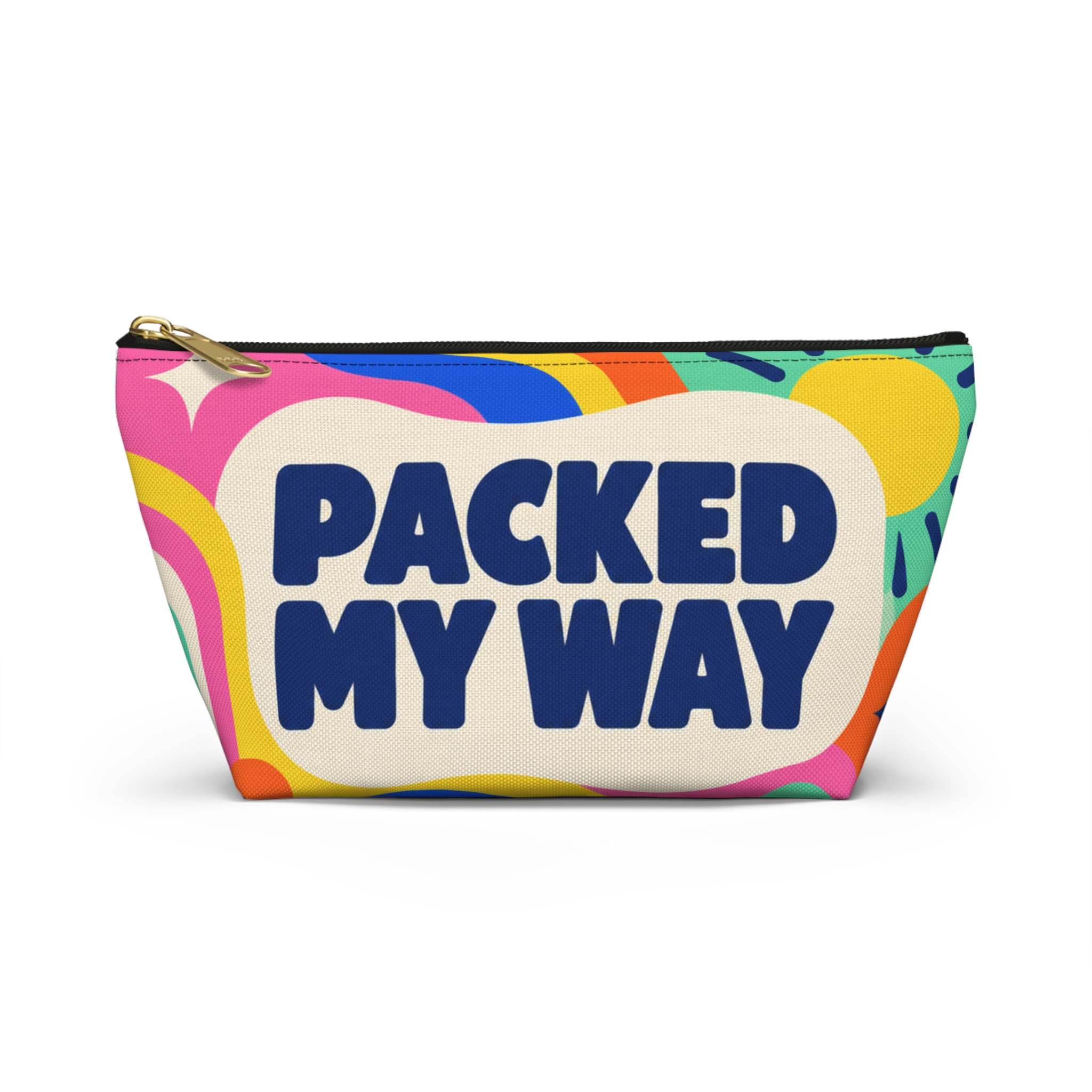 Digital mock-up of the Packed My Way small pouch with a black zipper, gold-coloured pull and bright wraparound artwork.