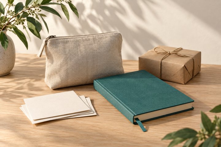Illustrative arrangement of a linen pouch, notebook, cards and parcel.