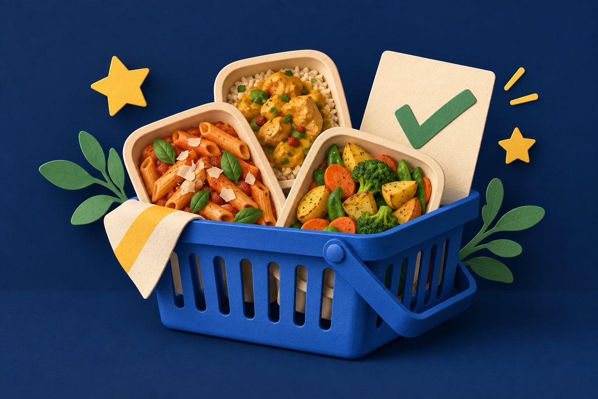 Illustration of three unbranded ready meals in a blue shopping basket beside a large green tick.