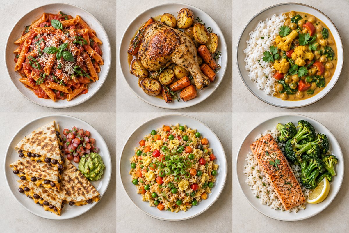 Six fictional meal illustrations arranged in a grid: pasta, roast chicken, vegetable curry, quesadillas, fried rice and salmon with vegetables.