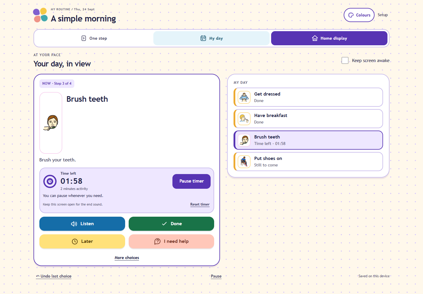 Actual Home display with the current activity and the routine alongside it.