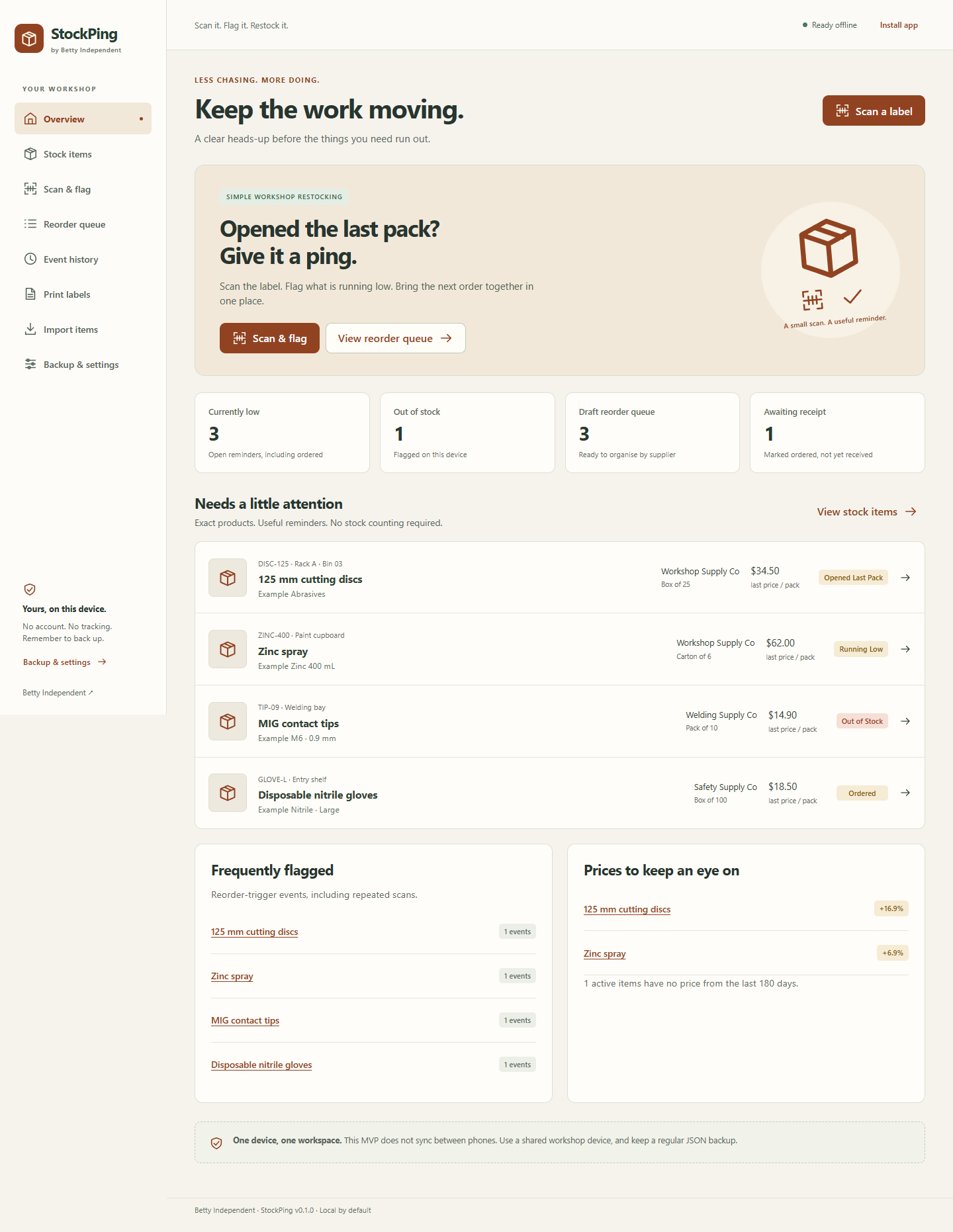 StockPing dashboard showing fictional workshop consumables, reorder reminders and prices.